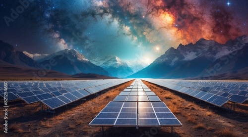 Surreal scene of infinite solar panels amid mountains under a galaxy-filled sky photo