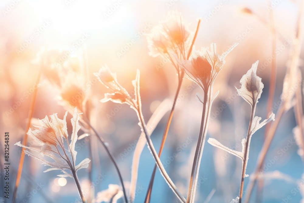 Frozen plants with icy stems, close up, focus on texture, vibrant, Double exposure, Countryside backdrop Frozen plants with icy stems, close up, focus on texture, vibrant, Double exposure, Countryside backdrop