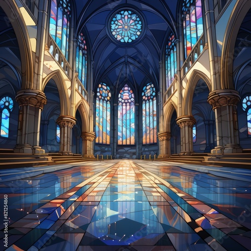 cathedral interior, beautiful stained glass windows, colorful lights from stained glass windows, athmotheric © Nastassia