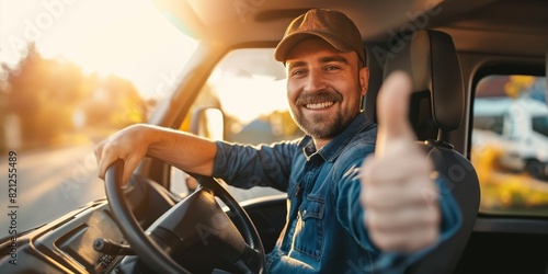 A cheerful truck driver is giving a thumbs up from his cab, suggesting a sense of satisfaction with his work