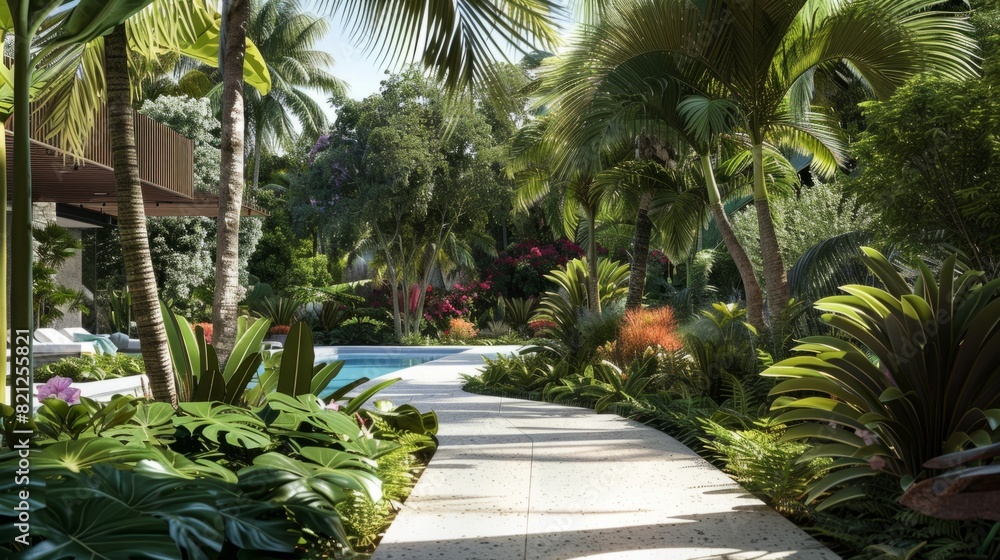 Lush vegetation surrounding the pool area, such as palm trees, tropical plants or colorful flowers. generative ai