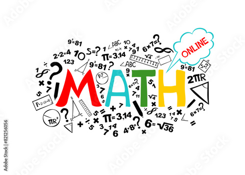 Math. Horizontal banner. Presentation, website. Isolated lettering typography idea with icons. Algebra, geometry, statistics, basic maths. Interesting creative funny math for kids. Vector illustration