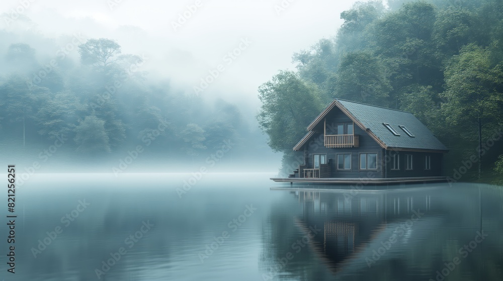 Fototapeta premium Tranquil Lake House at Dawn Mist