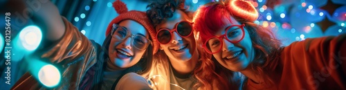 Group of young friends wearing colorful glasses and taking a selfie at a lively night party photo