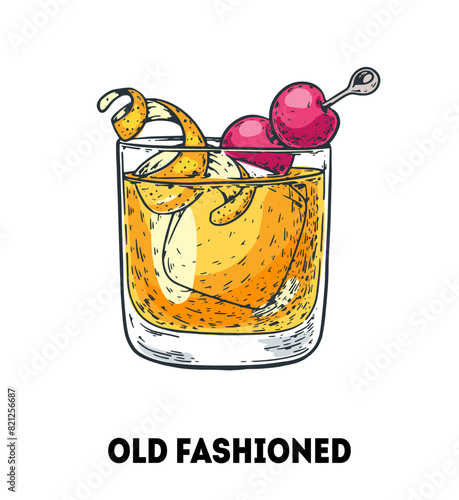Old fashioned cocktail illustration. Hand drawn sketch. Vector illustration. Isolated object.