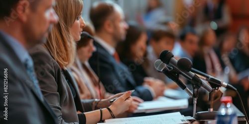 Attendees at a conference hall with microphones and papers on desks, faces blurred