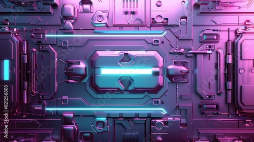 3D render of a colorful futuristic panel with purple and teal colors,