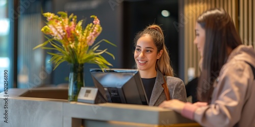 Pleasant female receptionist assisting a guest check-in at a modern hotel reception desk