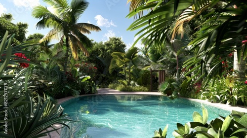 Lush vegetation surrounding the pool area  such as palm trees  tropical plants or colorful flowers. generative ai