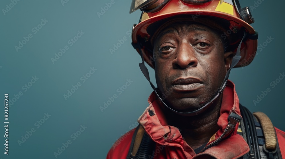 Black middle-aged firefighter is shown in full protective gear, including helmet and uniform, standing against a solid blue background with a serious expression. Black middle-aged firefighter is shown in full protective gear, including helmet and uniform, standing against a solid blue background with a serious expression.