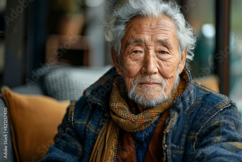 Elderly asian man relaxing on couch with scarf, portrait for marketing campaign © Spicy World