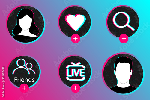 Profile interface element of the popular social network TikTok. Add Button. Social Media Vector Illustration.