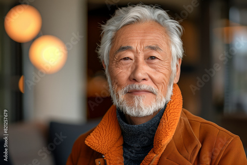 Elderly asian man in white beard and brown jacket, portrait for marketing campaign