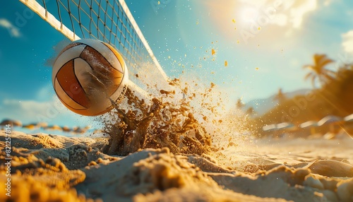 A volleyball hitting the sand, depicting the intensity of a beach match close up, focus on impact, surreal, Overlay, backdrop of a sunny beach. photo