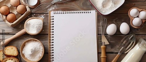 Top view of rustic table with blank recipe book and ingredients for baking. photo