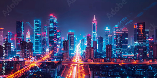Wallpaper Mural Futuristic Cityscape at Night, Urban Innovation, Smart Cities, Advanced Infrastructure, Neon Lights Torontodigital.ca
