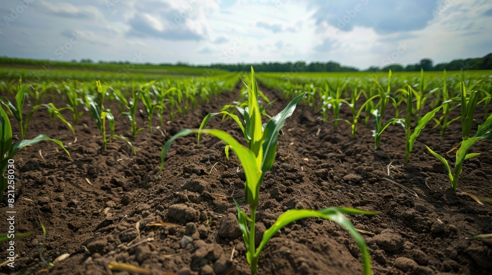 Agriculture shot rows of young corn plants growing on a vast field with dark fertile soil leading to the horizon Agriculture shot rows of young corn plants growing on a vast field with dark fertile soil leading to the horizon