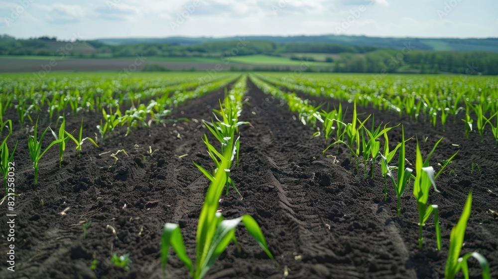 Agriculture shot rows of young corn plants growing on a vast field with dark fertile soil leading to the horizon Agriculture shot rows of young corn plants growing on a vast field with dark fertile soil leading to the horizon