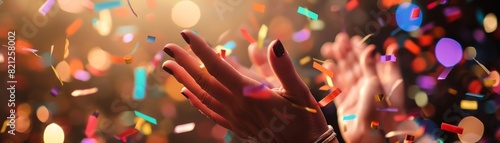 Hands clapping with confetti falling, illustrating a celebratory atmosphere close up, focus on festivity, whimsical, Overlay, backdrop of a party.
