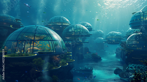 Underwater city with bio-engineered marine habitats, showcasing advanced aquaculture and oceanic conservation photo