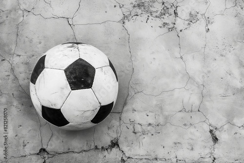 Soccer ball on cracked  weathered concrete surface with copy space