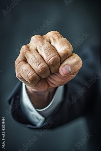 Clenched fist of an arm dressed in a business suit, symbolizing strength, determination, and professional resilience photo