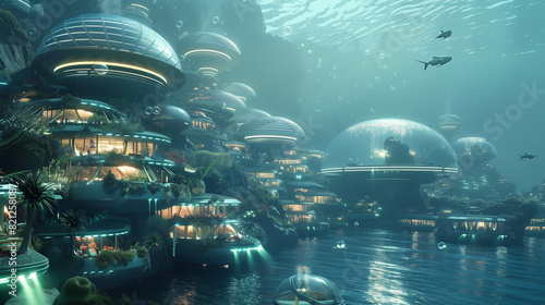 Underwater city with bio-engineered marine habitats, showcasing advanced aquaculture and oceanic conservation