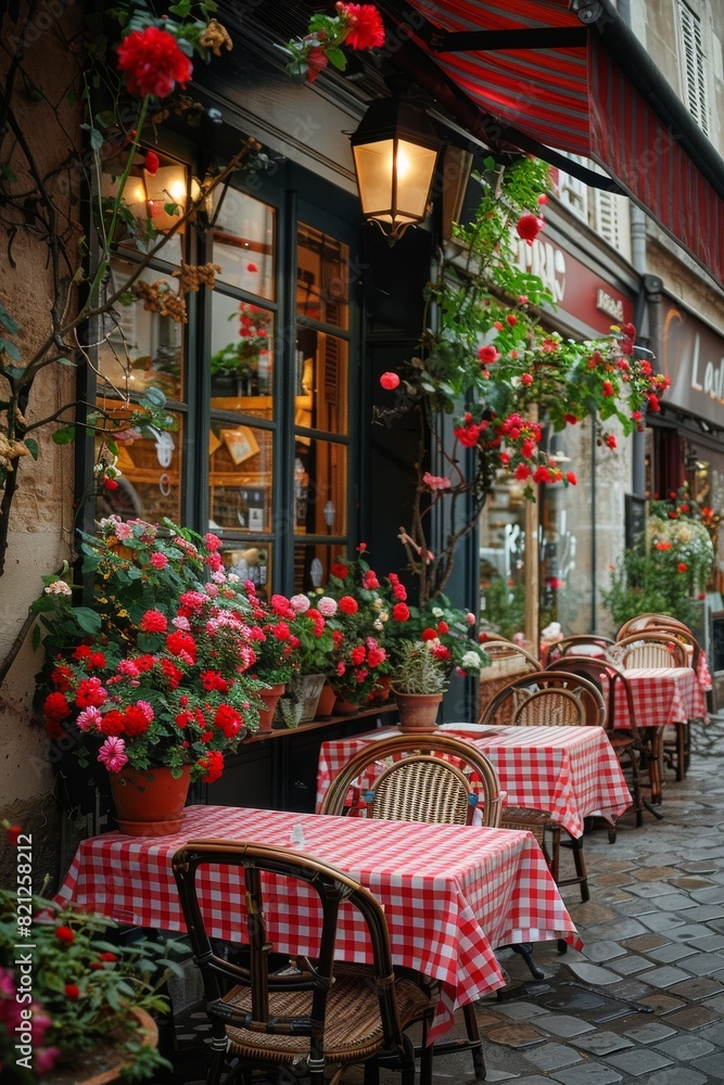 Obraz premium A restaurant with red and white checkered tablecloths and chairs