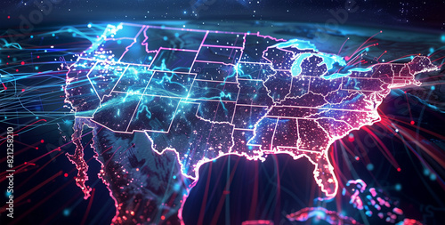 Mapping the USA s Digital Landscape  Illustrating American Global Connectivity  Data Transmission  Cyber Technology  Electronic Voting  Information Exchange  and Telecommunication