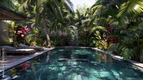 Lush vegetation surrounding the pool area  such as palm trees  tropical plants or colorful flowers. generative ai