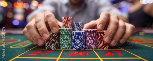 Man pushing a stack of chips on a casino table photo