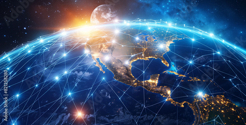 Global Network Hub, America-Centric Digital World Globe, Signifying High-Speed Data Transfer, Cyber Technology, and International Information Exchange photo