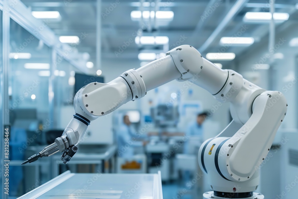 A robot is in a factory with a person standing behind it. The robot is white and has a long arm A robot is in a factory with a person standing behind it. The robot is white and has a long arm