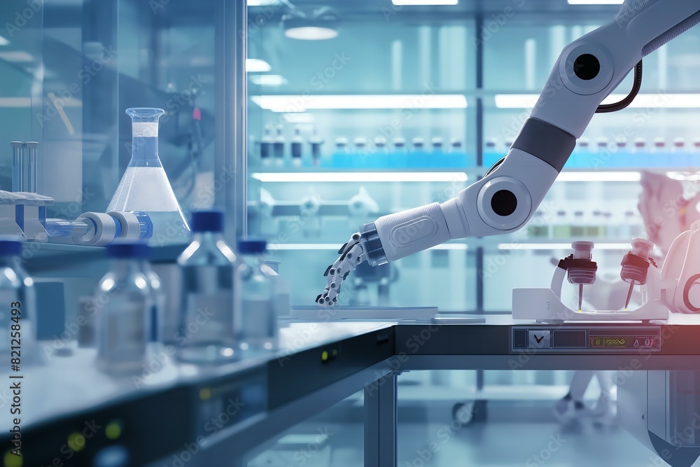 A robot is working in a lab with many bottles and vials. The robot is moving a bottle of liquid from one shelf to another A robot is working in a lab with many bottles and vials. The robot is moving a bottle of liquid from one shelf to another
