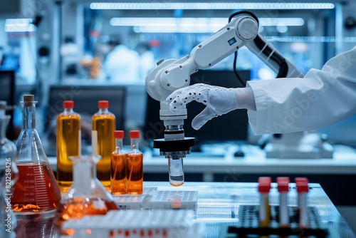 A robot is working in a lab with many bottles and beakers. The robot is wearing gloves and he is focused on its task. The lab is filled with various scientific equipment and materials