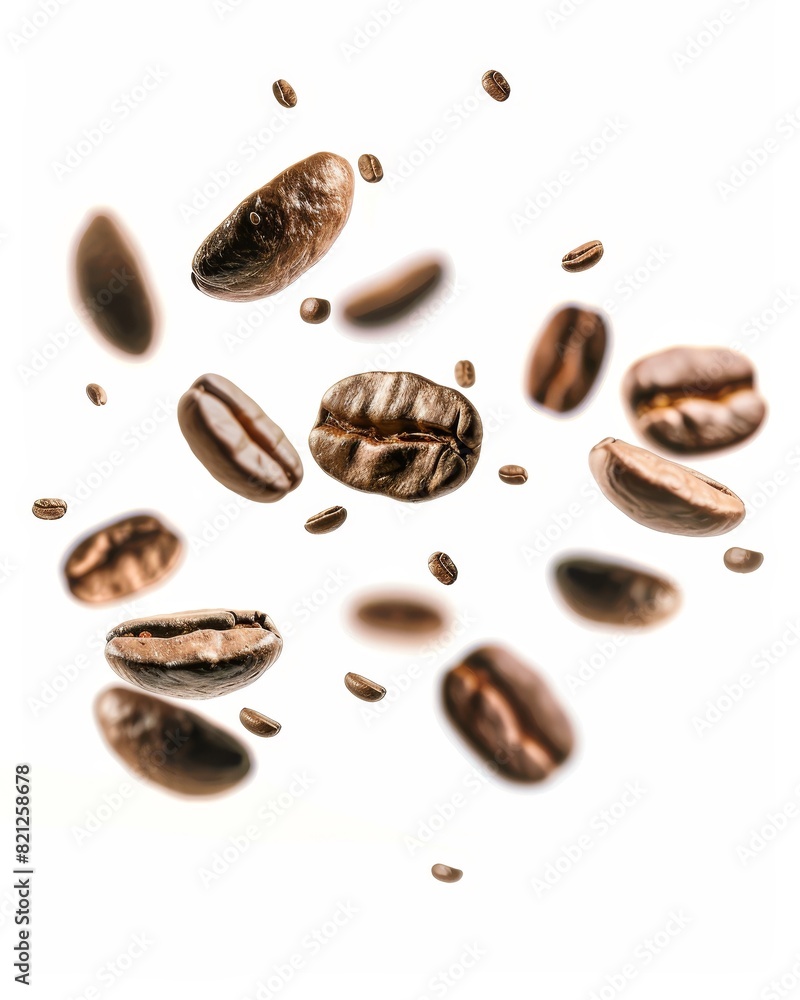 flying coffee beans on a white background, depth of field, advertising style flying coffee beans on a white background, depth of field, advertising style