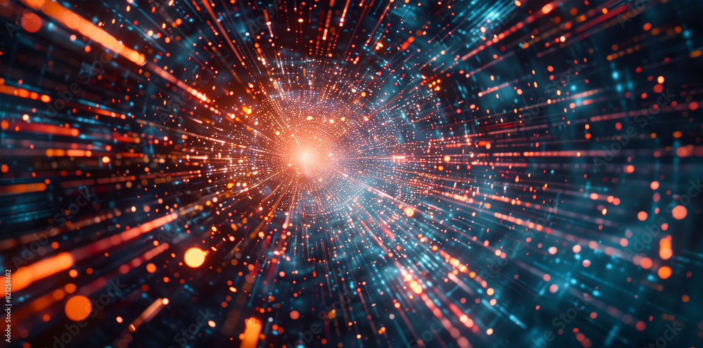 Digital Particles Explosion in Abstract Tech Background, Quantum Core, Computing Network System, Artificial Intelligence, and Global Data Connections Digital Particles Explosion in Abstract Tech Background, Quantum Core, Computing Network System, Artificial Intelligence, and Global Data Connections