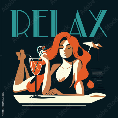 Summer retro illustration with pretty woman relaxing and lies with a glass of cocktail. Summer vibe on the beach. Vector poster in flat style.