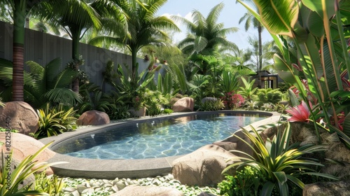 Lush vegetation surrounding the pool area, such as palm trees, tropical plants or colorful flowers. generative ai