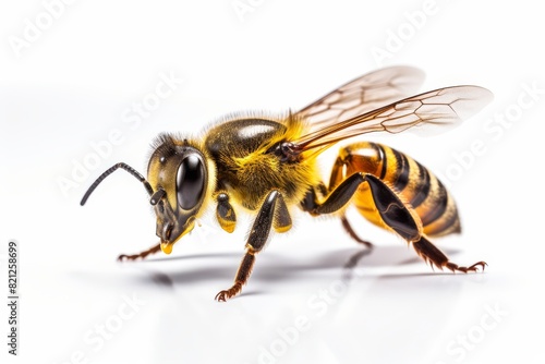 Honey bee with stinger visible, focus on defense, close up, futuristic, Manipulation, Isolated on white background