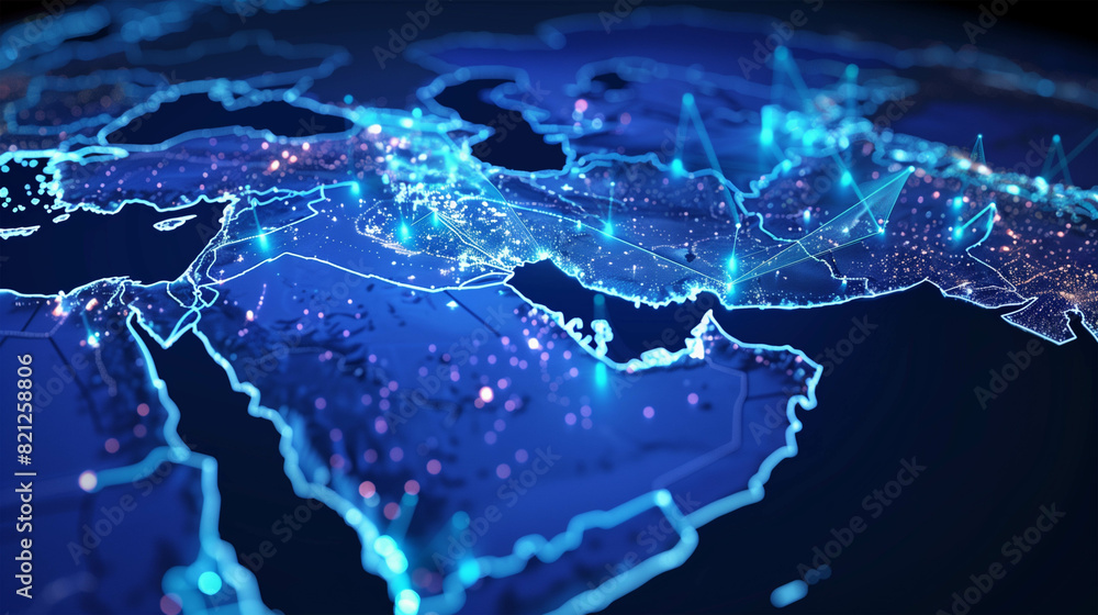 Abstract Map of Saudi Arabia, Middle East and North Africa, Global Network, Connectivity, Data Transfer, Cyber Technology, Information Exchange, Telecommunication Abstract Map of Saudi Arabia, Middle East and North Africa, Global Network, Connectivity, Data Transfer, Cyber Technology, Information Exchange, Telecommunication