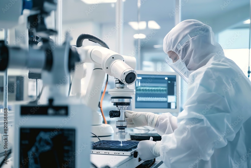 A scientist in a lab coat is working with a robot. The robot is next to a computer monitor A scientist in a lab coat is working with a robot. The robot is next to a computer monitor