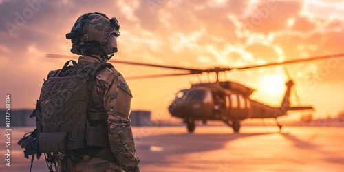 Soldier with combat gear watching a helicopter land against a picturesque sunset photo