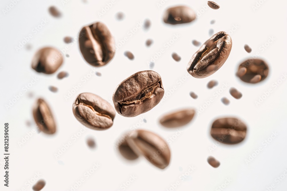 flying coffee beans on a white background, depth of field, advertising style flying coffee beans on a white background, depth of field, advertising style