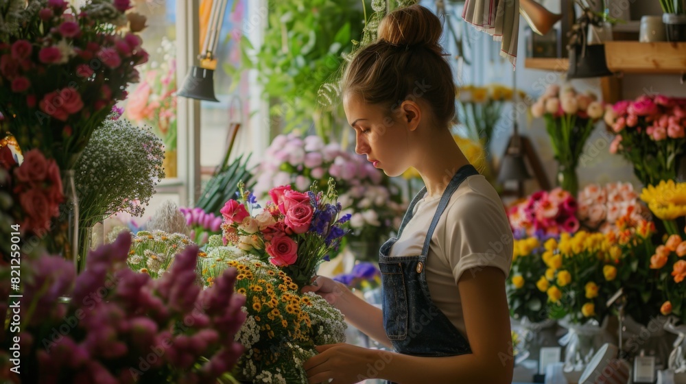 A young florist in denim overalls carefully arranges vibrant flower bouquets in a sunlit flower shop during a calm morning.