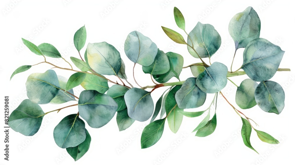 Obraz premium watercolor handdrawn green eucalyptus branches isolated background, in the style of hand-painted