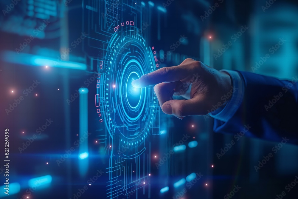 A man is pointing at a glowing blue circle on a computer screen. The circle is surrounded by a lot of small dots, giving it a futuristic and technological appearance A man is pointing at a glowing blue circle on a computer screen. The circle is surrounded by a lot of small dots, giving it a futuristic and technological appearance