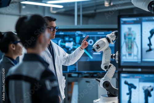 A man in a white lab coat points at a robot on a screen. A group of people are watching the robot