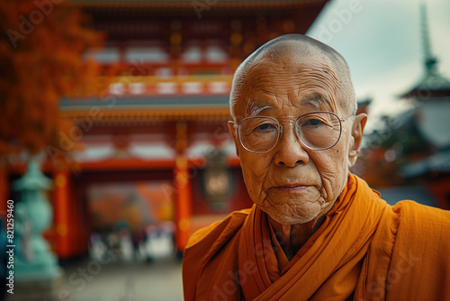 buddhist lama in an orange cassock against the background of a temple photo