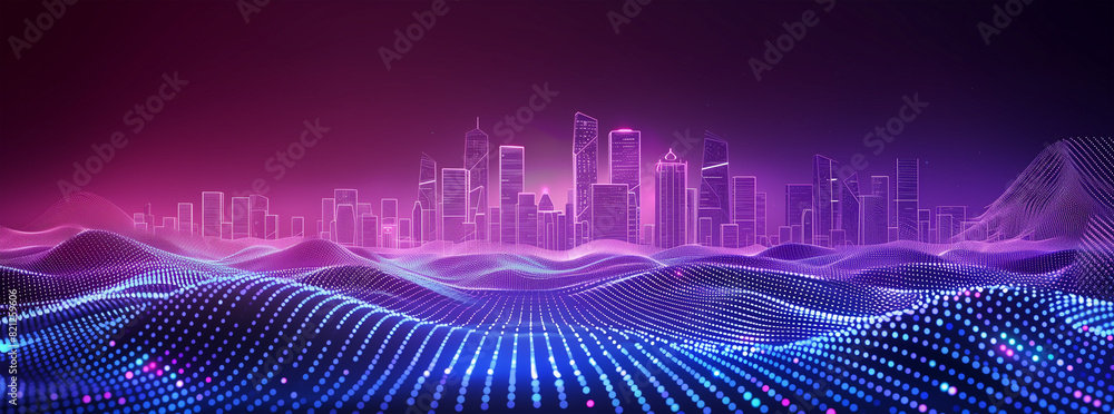 Intersecting Smart City and Abstract Dot Point with Gradient Line and Aesthetic Wave Design, Emphasizing Big Data Connection Technology